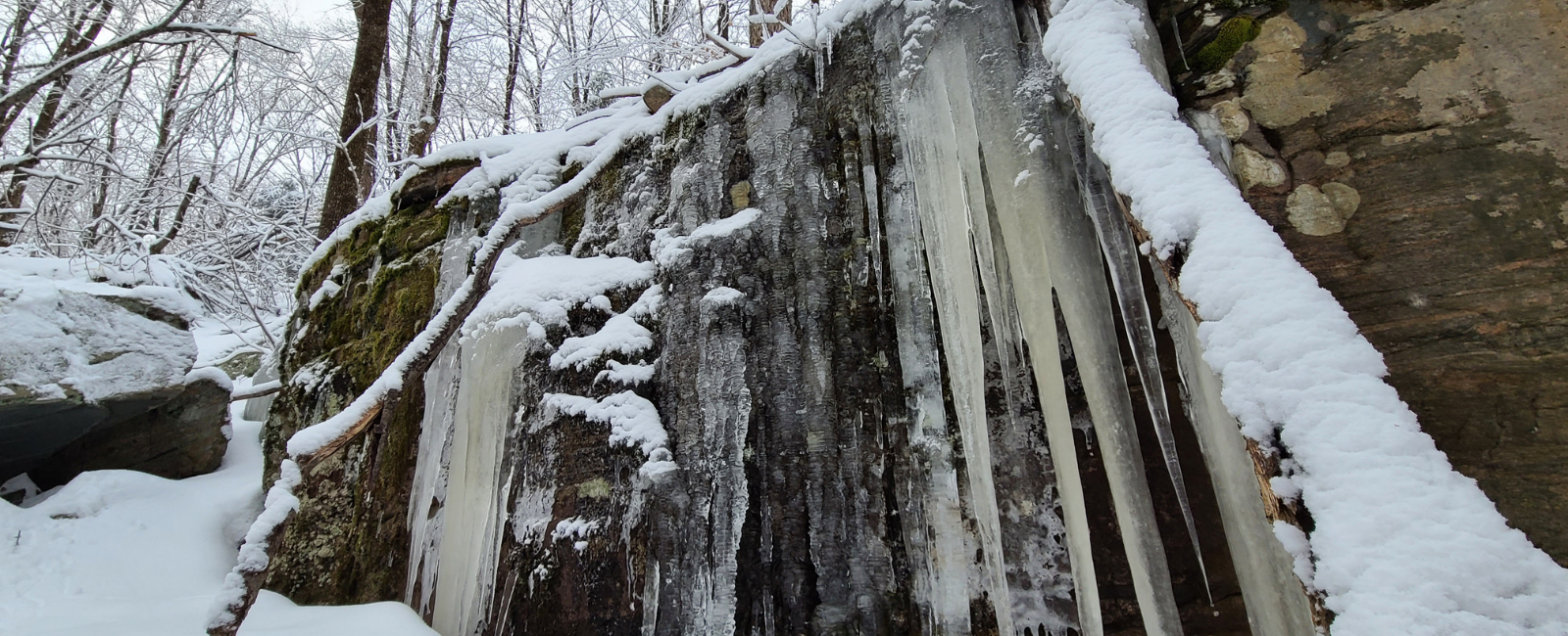 Ice cascading down rocks.